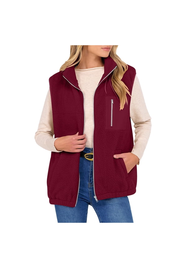 Women's Fleece Vests, Sleeveless Comftable Full Zip Thermal Outerwear with Pockets Wine Size M