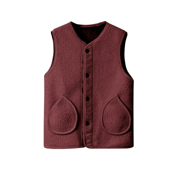 CYRBOKO Women's Fleece Vests, Thermal Soft Sleeveless Button Outerwear with Pockets Wine Size 5XL