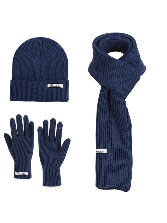 Women's Hat Scarf Glove Sets, Winter Warm Three Pieces Knitted Skiing Gloves Sets for Women Navy Size One Size