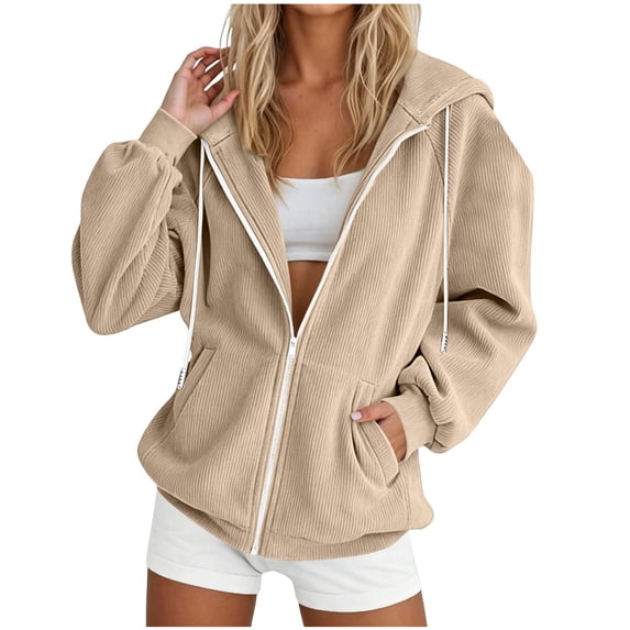 CYRBOKO Women's Hooded Pockets with Pockets, Zipper Lightweight Drawstring Long Sleeve Womens Outerwear Khaki Size 2XL