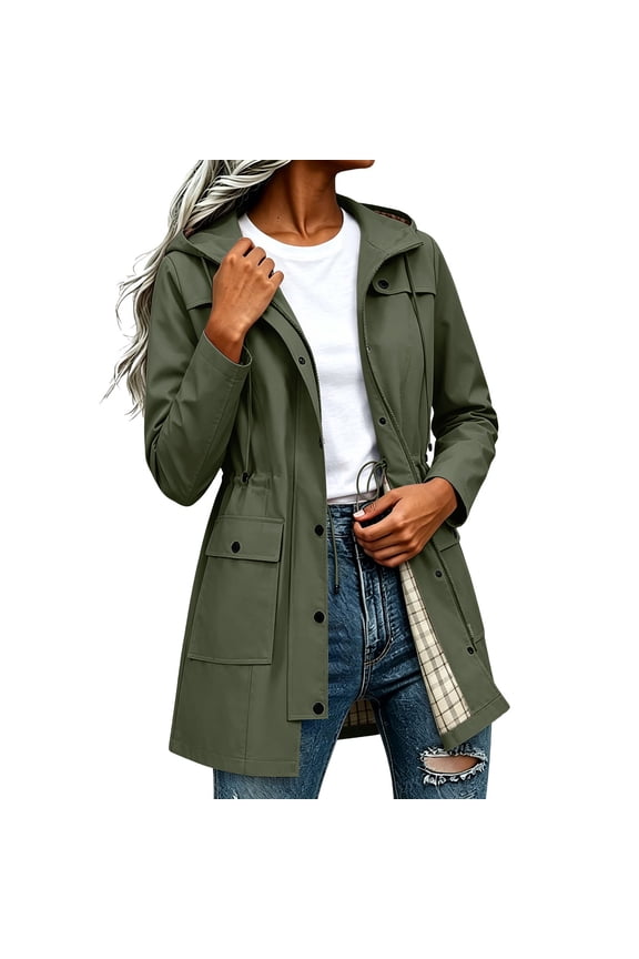Women's Hooded Rain Jackets, Lightweight Long Sleeve Casual Drawstring Waist Trench Coats Army Green Size 2XL