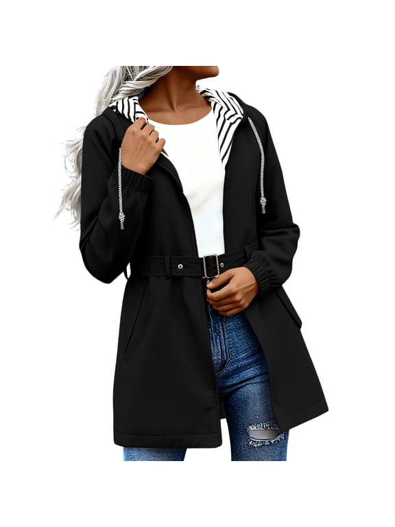 Women's Hooded Rain Jackets, Waterproof Full Zip Drawstring Lightweight Outerwear for Women Black Size 2XL