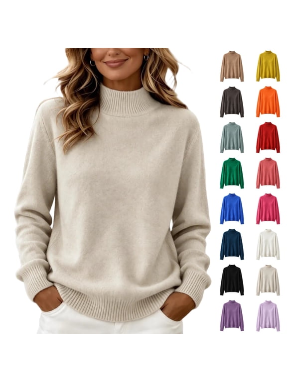Women's Knit Sweater, Mock Neck Pullover Soft Loose Fit Long Sleeve Fall Winter Basic Layering Top Beige Size L