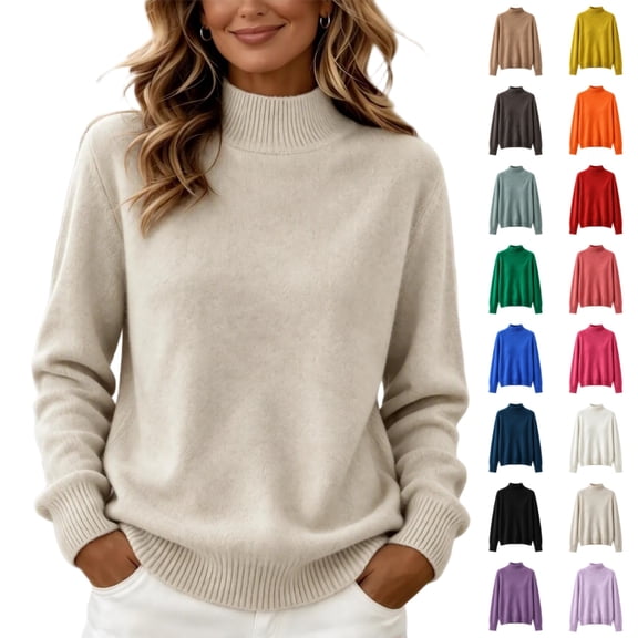CYRBOKO Women's Knit Sweater, Mock Neck Pullover Soft Loose Fit Long Sleeve Fall Winter Basic Layering Top Beige Size L