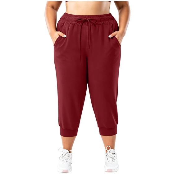 CYRBOKO Women's Plus Size Active Capris, Elastic Waist Stretchy Drawstring Relaxed Fit Summer Capri Pants with Pockets Red Size L