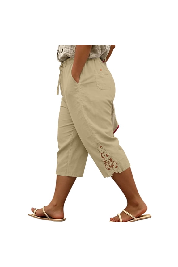 Women's Plus Size Capri Pants, Lace Cutout Casual Relaxed Fit Elastic Waist Summer Capris with Pockets Khaki Size 2XL
