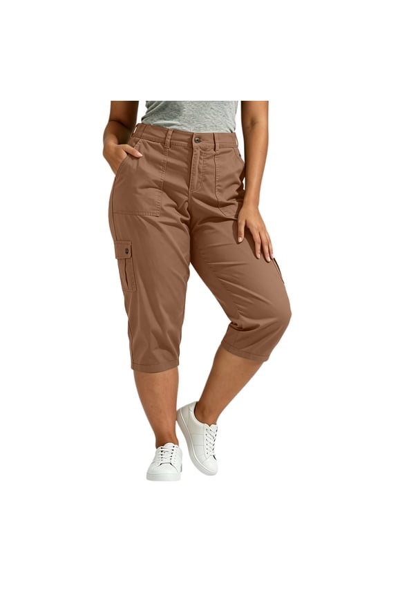Women's Plus Size Cargo Pants Capris, Casual Elastic Waist Slim Fit Holiday Summer Capri Pants with Pockets Coffee Size 3XL