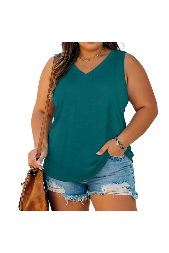 Women's Plus Size Tank Tops, V-Neck Sleeveless Casual Loose Fit Summer Blouses Summer Tops Navy Size 3XL