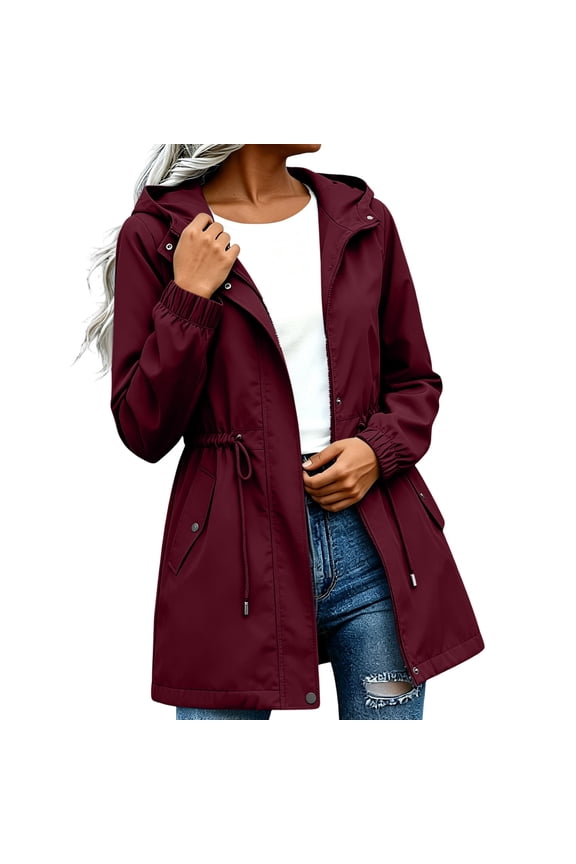 Women's Rain Jackets with Hood, Drawstring Full Zip Lightweight Waterproof Womens Outerwear Wine Size 2XL
