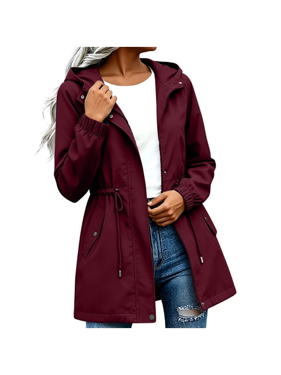 Women's Rain Jackets with Hood, Drawstring Lightweight Full Zip Waterproof Womens Outerwear Wine Size L