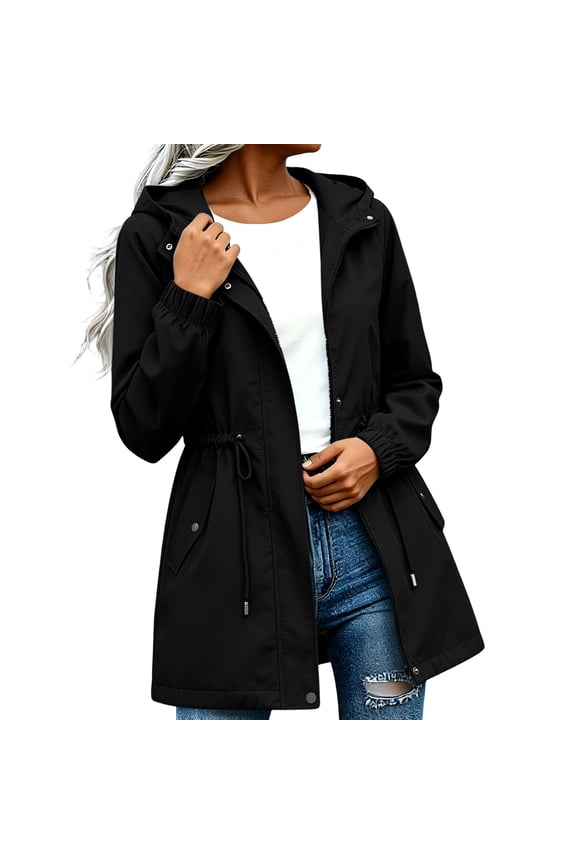 Women's Rain Jackets with Hood, Drawstring Lightweight Waterproof Full Zip Womens Outerwear Black Size XL