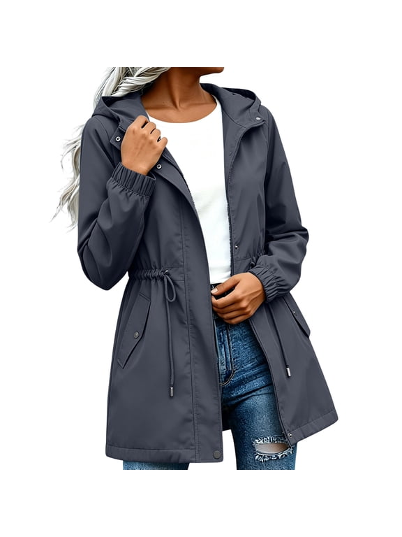 Women's Rain Jackets with Hood, Drawstring Waterproof Full Zip Lightweight Womens Outerwear Dark Gray Size S-2XL