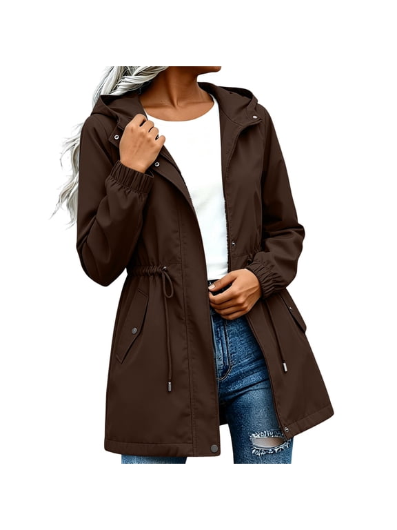 Women's Rain Jackets with Hood, Full Zip Drawstring Waterproof Lightweight Womens Outerwear Brown Size L