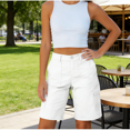 thumbnail image 1 of CYRBOKO Women's Summer Cargo Shorts, Holiday Casual Elastic Waist Relaxed Bermuda Shorts with Pockets White Size S, 1 of 8