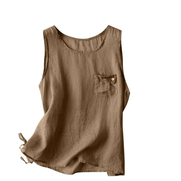 CYRBOKO Women's Summer Tank Tops, Casual Crew Neck Loose Breathable Sleeveless Tops Khaki Size 2XL