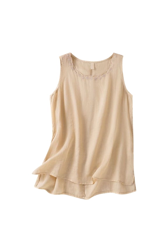 Women's Summer Tank Tops, Crew Neck Breathable Loose Casual Sleeveless Shirts Beige Size 2XL