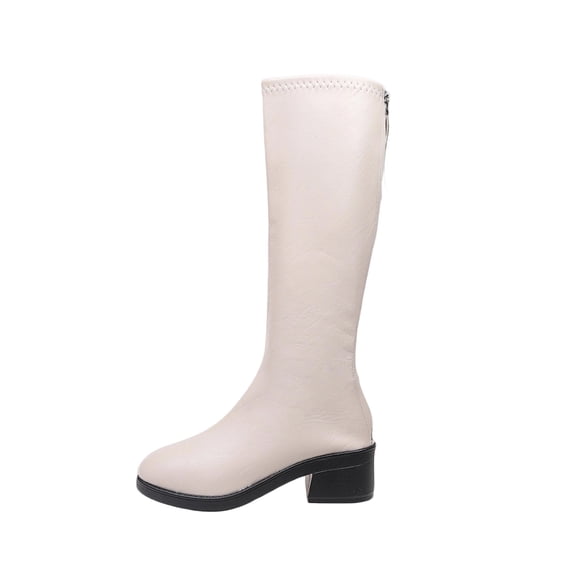 CYRBOKO Women's Tall Boots, Zipper Pointy Toe Fashionable Square Mid Heel Women's Shoes White Size 8.5