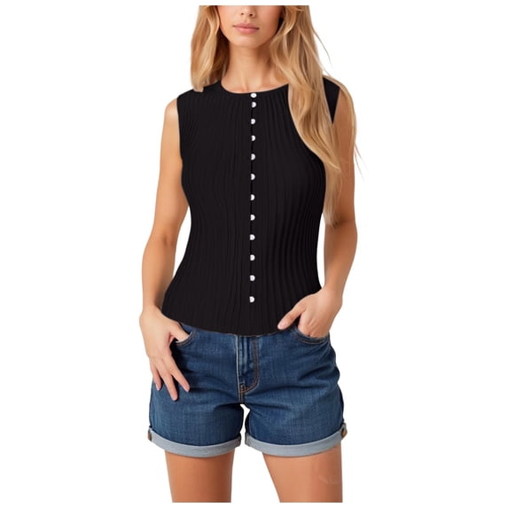 CYRBOKO Women's Tank Tops, Crew Neck Button Sleeveless Casual Summer Tops Black Size S