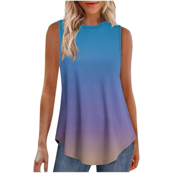 CYRBOKO Women's Tank Tops, Summer Crew Neck Vacation Soft Sleeveless Shirts Light Blue Size S