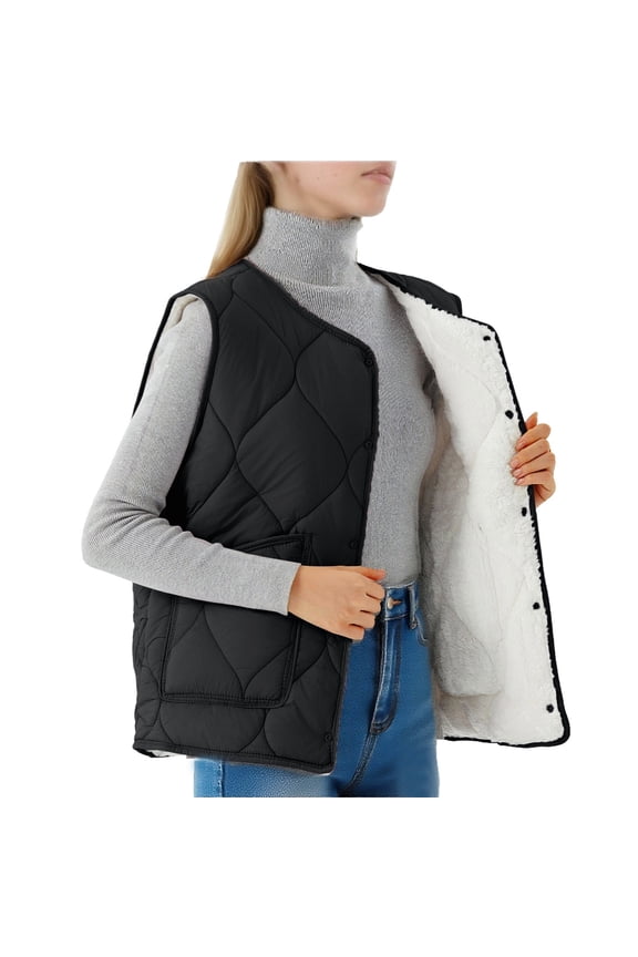 Women's Vests With Pockets, Quilted Sleeveless Snap Closure Thermal Outerwear for Cold Weather Black Size 2XL