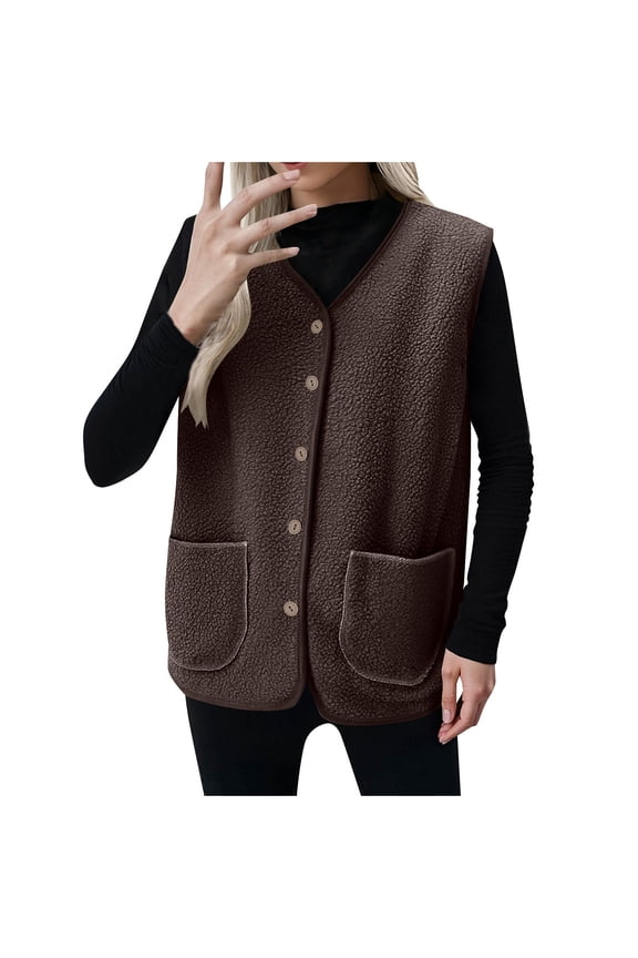 Women's Vests With Pockets, Winter Thermal Button Sleeveless Jackets for Cold Weather Coffee Size 2XL