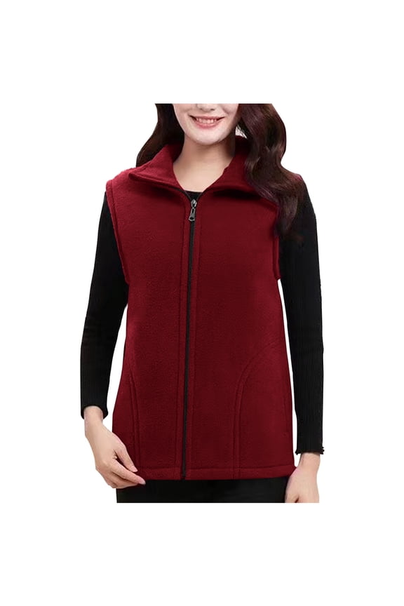 Women's Vests with Zipper, Sleeveless Lapel Thermal Winter Outerwear for Cold Weather Wine Size XL
