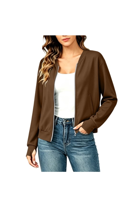 Women's Zip Up Bomber Jackets, Lightweight V Neck Casual Thumb Hole Cuffs Long Sleeve Tops Fall Outerwear with Pockets Brown Size L