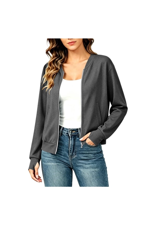 Women's Zip Up Bomber Jackets, V Neck Lightweight Casual Thumb Hole Cuffs Long Sleeve Tops Fall Outerwear with Pockets Gray Size M