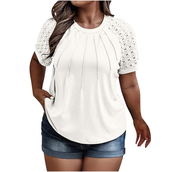 CYRBOKO Womens Plus Size Summer T-shirts, Crew Neck Loose Fit Lace Short Sleeve Casual Fashion Womens Blouses Basic Tops White Size 4XL