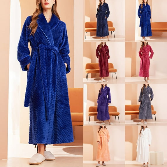 CYRBOKO Womens Robes, Long Sleeve Solid Drawstring with Pockets Warm Ankle Length Nightgowns Sleepwear House Coat Pajamas Loungewear Blue ,XL