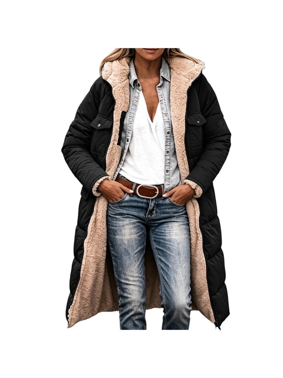 Womens Winter Coats with Pockets, Loose Fit Reversible Long Sleeve Full Zip Puffer Jackets Fleece Jackets Black Size XL