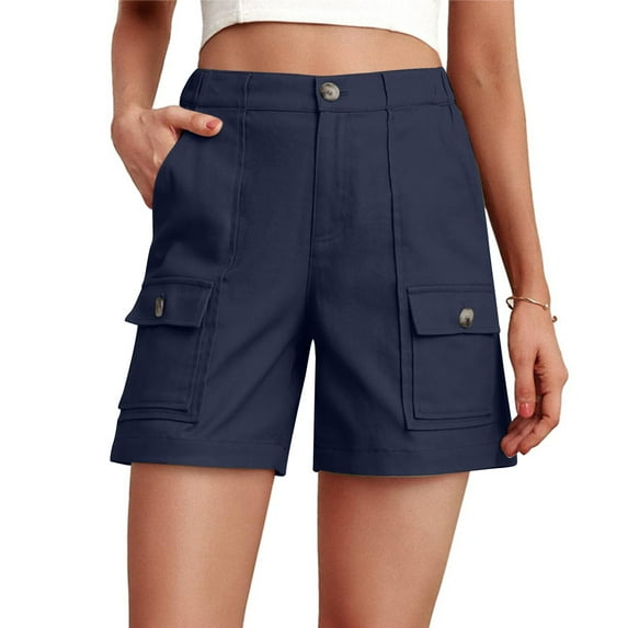 CYRBOKO Workout Shorts for Womens, Comfy Casual Summer Buttons Bermuda Shorts Dark Blue Size S