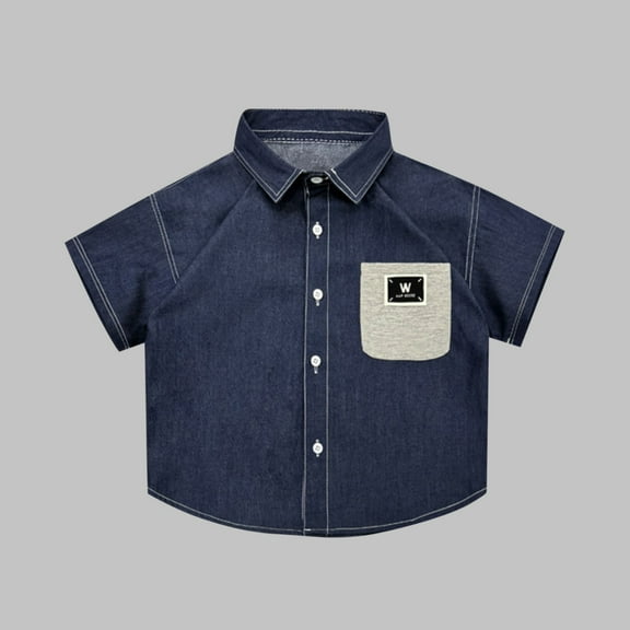 CYRBOKOToddler Boys Denim Button Down Shirts, Short Sleeve Breathable Casual Summer Shirts with Pocket Dark Blue Size 11-12 T