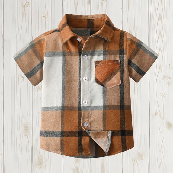 CYRBOKOToddler Boys Summer Button Down Shirts, Cotton Holiday Casual Plaid Short Sleeve Tops Yellow Size 5-6 T