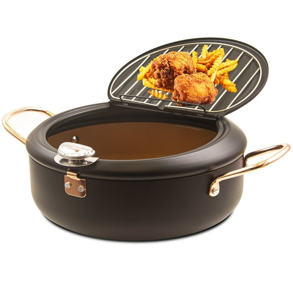 CYRDER Deep Fryer Pot, 4.3L/11 Inch Japanese Tempura Frying Pot with Fahrenheit Thermometer, Nonstick Carbon Steel Oil Fryer, for Tempura/Frech/Fish/Chicken Fries, Easy Clean, Black