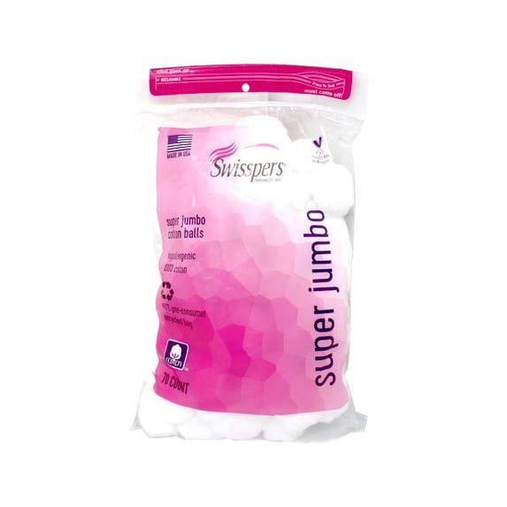 Swisspers Super Jumbo Cotton Balls, Hypoallergenic, 100% Cotton, 70 Count (Pack of 4)