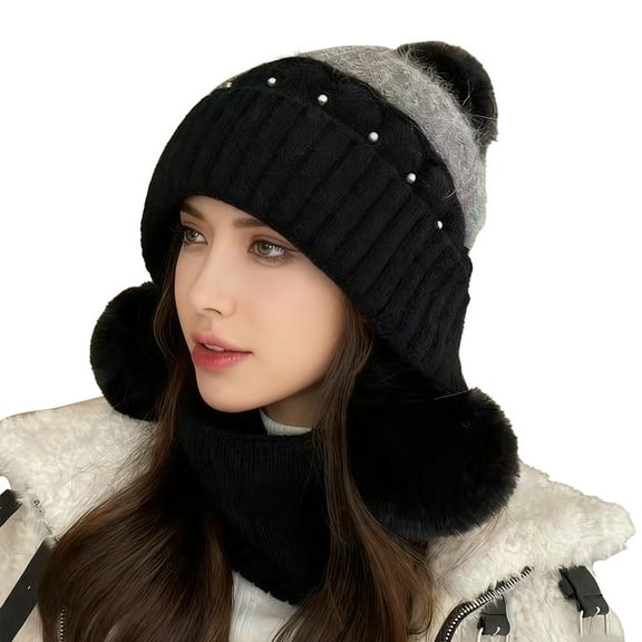 CYSFASHION Beanie for Women Winter Clothing Soft With Ball Fitness Trapper Hat Neck Warmer Women's Hats & Caps Black
