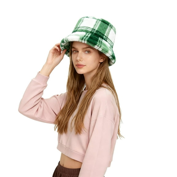 CYSFASHION Bucket Hats for Woman Checked Thickened Plush Fisherman Hat Warm Outdoor Sun Hat For Autumn And Winter Unisex Casual Fisherman Hat Green1