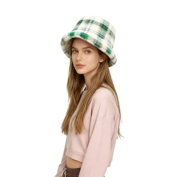 CYSFASHION Bucket Hats for Woman Checked Thickened Plush Fisherman Hat Warm Outdoor Sun Hat For Autumn And Winter Unisex Casual Fisherman Hat Green2