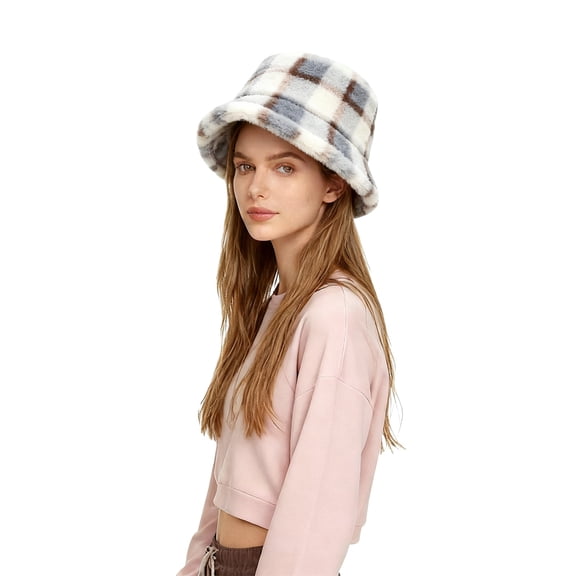 CYSFASHION Bucket Hats for Woman Checked Thickened Plush Fisherman Hat Warm Outdoor Sun Hat For Autumn And Winter Unisex Casual Fisherman Hat Grey