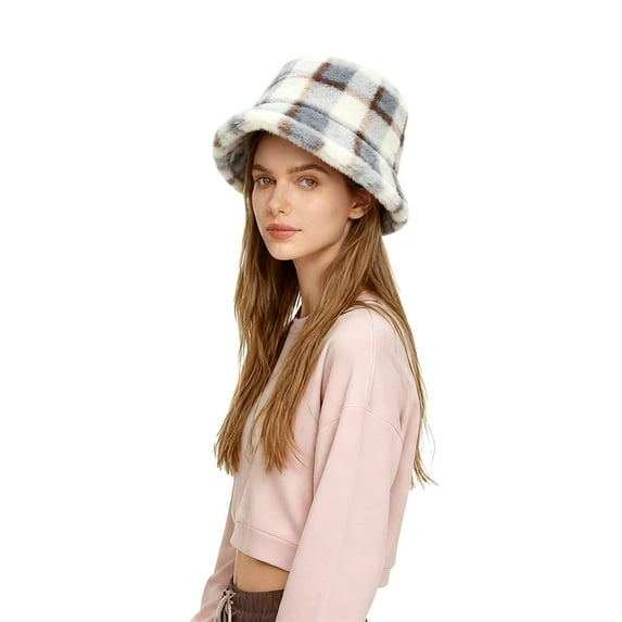 CYSFASHION Bucket Hats for Woman Checked Thickened Plush Fisherman Hat Warm Outdoor Sun Hat For Autumn And Winter Unisex Casual Fisherman Hat Grey