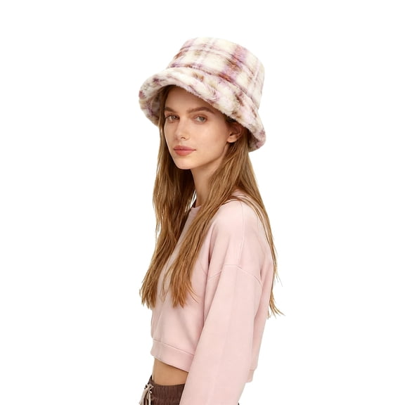 CYSFASHION Bucket Hats for Woman Checked Thickened Plush Fisherman Hat Warm Outdoor Sun Hat For Autumn And Winter Unisex Casual Fisherman Hat Red1