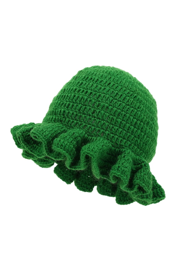 Bucket Hats for Woman Handmade Crochet Ruffled Wool Hat Fashionable Colorful Wide Brimmed Hat Unisex Hat With Flounced Edge Blackish Green