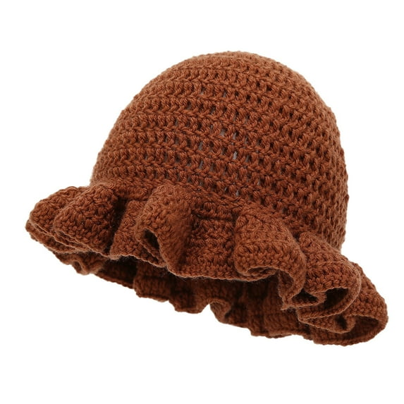 CYSFASHION Bucket Hats for Woman Handmade Crochet Ruffled Wool Hat Fashionable Colorful Wide Brimmed Hat Unisex Hat With Flounced Edge Brown