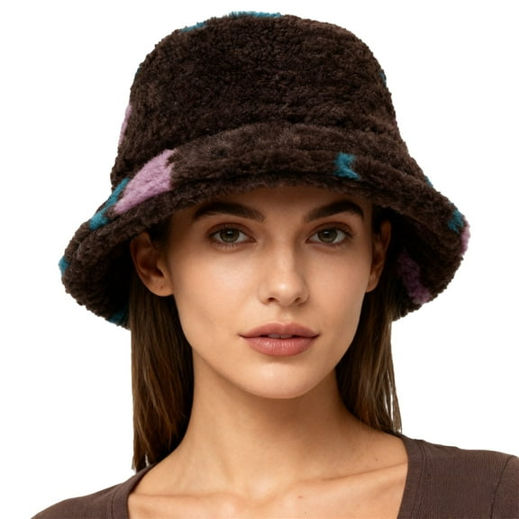 CYSFASHION Bucket Hats for Woman Ladies' Fresh Stylish Printed Plush Basin Hats With A Trendy College Style Cute And Warm Winter Fishing Hats Brown