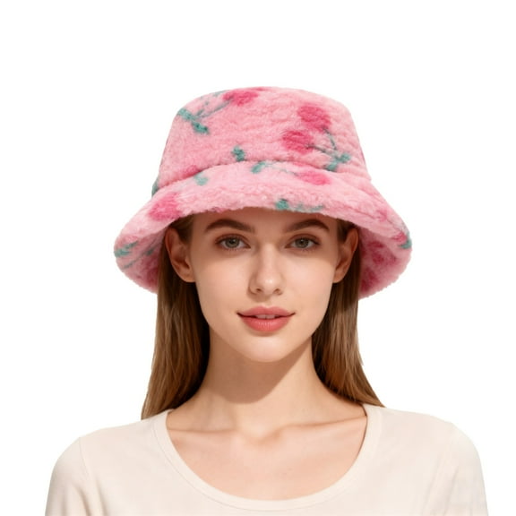 CYSFASHION Bucket Hats for Woman Ladies' Fresh Stylish Printed Plush Basin Hats With A Trendy College Style Cute And Warm Winter Fishing Hats Pink