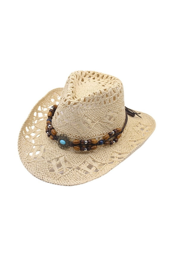 Cowboy Hats for Women Men Retro Western Boho Sun Hat Wide Brim Beige Cowgirl Hat