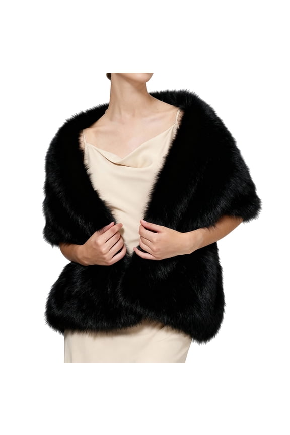 Faux Fur Shawl for Women Bride Neck Warmer Satin Scarf Christmas Gifts Party Wrap Evening Cape Wedding Dress Black
