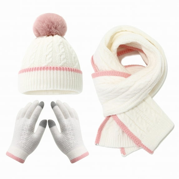 CYSFASHION Head Scarf for Women Warm Winter Gloves Fall Clothes Men's Headband Screen 3Pcs Knit White Beanie