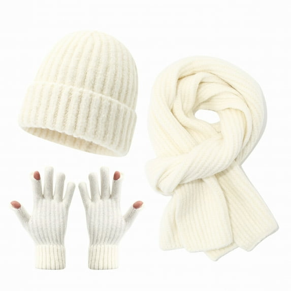 CYSFASHION Head Scarf for Women Warm Winter Gloves Fall Clothes Men's Headband Screen 3Pcs Knit White Beanie